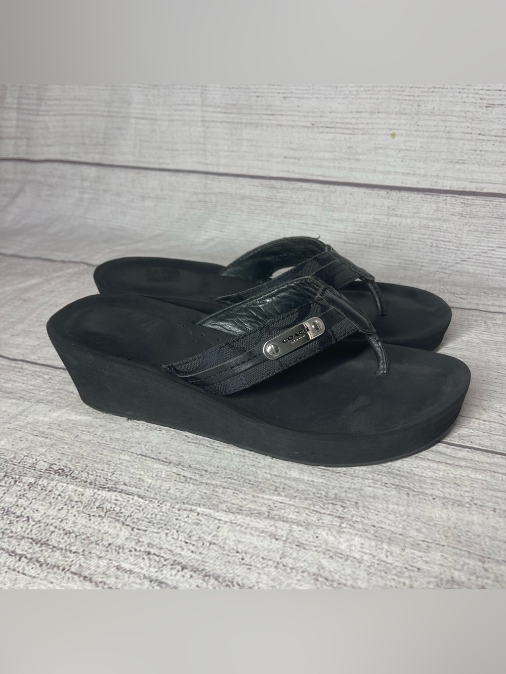 Coach Women’s 7.5 Platform Wedge Black Thong Sandals